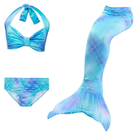3Pcs/Set Girls Bikini Set Mermaid Tail Princess Swimsuit Blue DH46 120