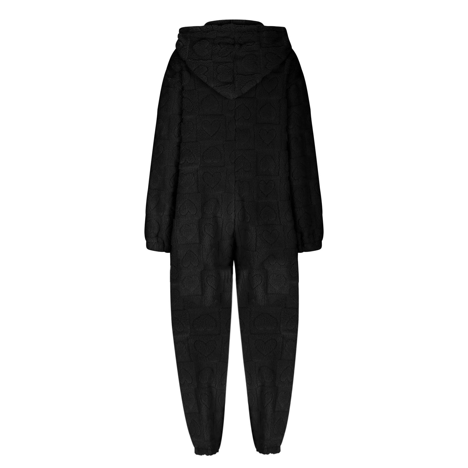 BiZtdJrK Women's Furry Sherpa Onesie Pajamas Fashion Heart Jacquard Jumpsuits Cute Ear Hood Romper Lounge Sleepwear, Black, M