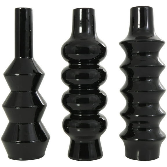 DecMode 3"W, 11"H Abstract Bubble Inspired Black Ceramic Vase with Varying Shapes, Set of 3