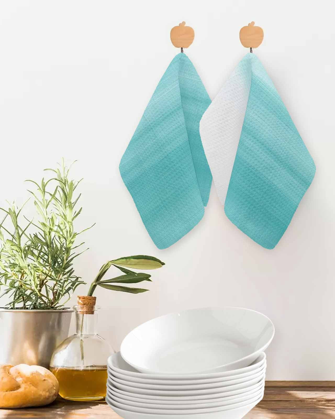Aqua White Ombre Kitchen Dish Towels for Drying Dishes Set of 2, Chic Modern Funny Abstract Striped Art Waffle Weave Microfiber Terry Hand Tea Bathroom Towels Quick Dry & Absorbent Towel 12x12