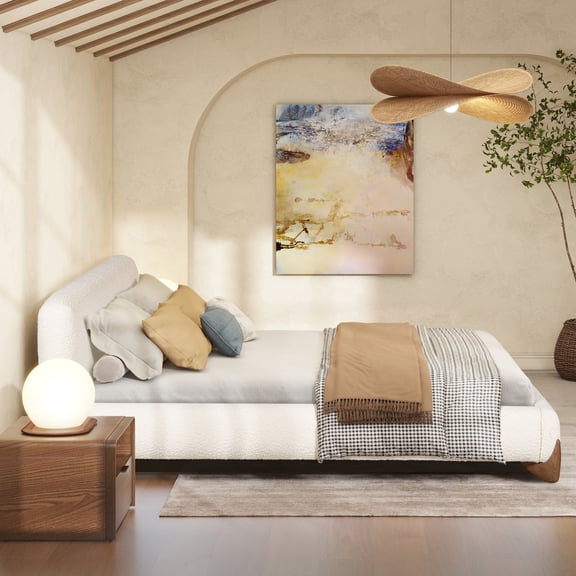 Alpine Puffy Modern Platform Bed, King, Ivory White Boucle