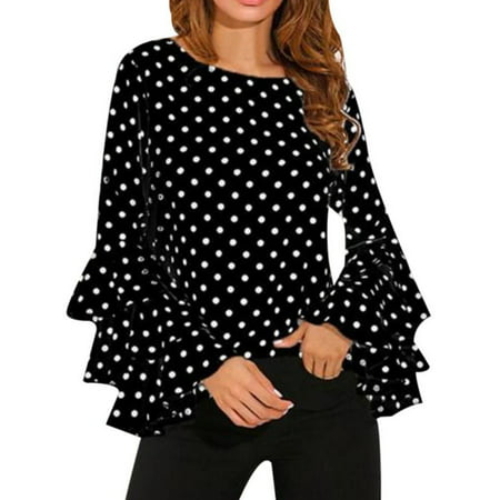 OUMY Women Trumpet Long Sleeve Polka Dots Blouse Tops Plus