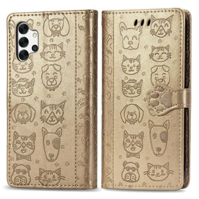 Funda Cartera FOXDOCK para Samsung Galaxy A32 5G , Flip PU con Relieve de Gatos y Perros, Tarjetero y Soporte