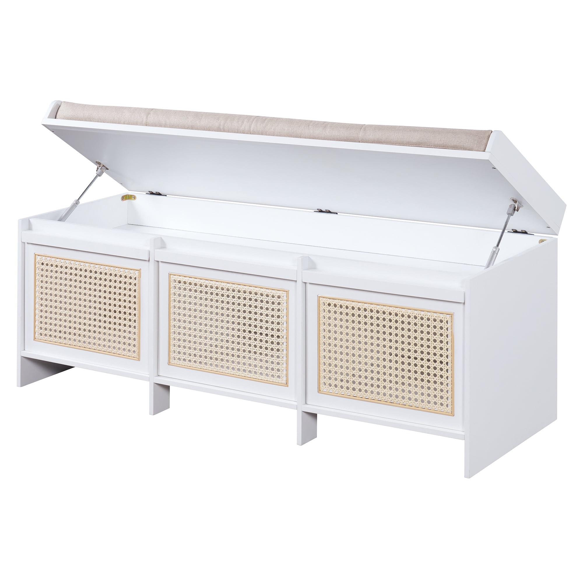 Shoe Bench 48 Inch Entryway Storage Bench with Rattan Drawers and Tufted Cushion, Hallway Seating and Shoe Rack Organizer for Living Room Foyer, White