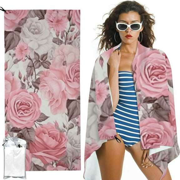 BCIIG Floral Rose Beach Towel  Microfiber Quick Dry Bath Pink Grey Flowers Big Towels Soft Lightweight Pool Watercolor Oversized Towels Sand Free Travel Swimming Decor Gift for Women 27.5x55in