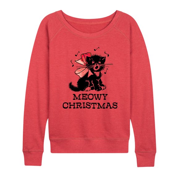 Instant Message - Christmas - Vintage Meowy Christmas Kitty - Women's Lightweight French Terry Pullover