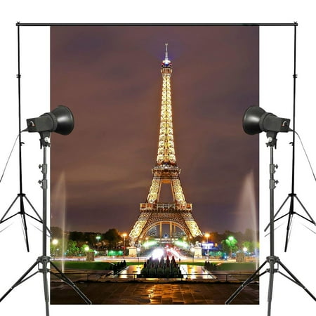 Image of ABPHOTO Polyester Paris Eiffel Tower Photography Background Fountain lamp Night View Backdrop Photo Studio Backdrop Props Wall 5x7ft Room Mural