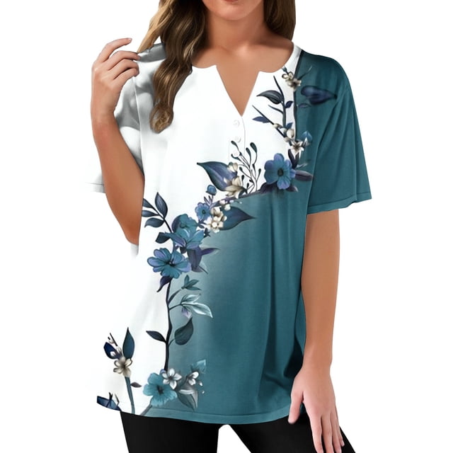 T-Shirts Femmes Plus Mode Décontractée Imprimé Floral Boutonné Manches Courtes T-Shirt - Hontri