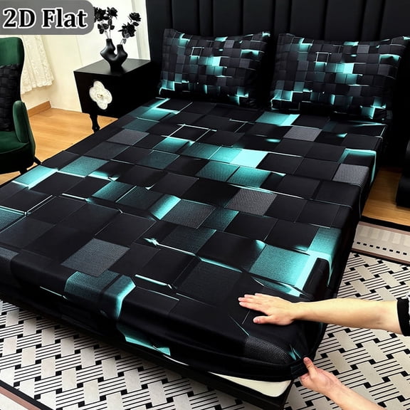 2D Flat 3PCS Digital Printed Plaid Bedding Sheet Set, Cool Tech Pattern Deep Pocket Fitted Sheet & 2 Pillowcases, Soft Breathable, Fade Resistant(Green,Queen)