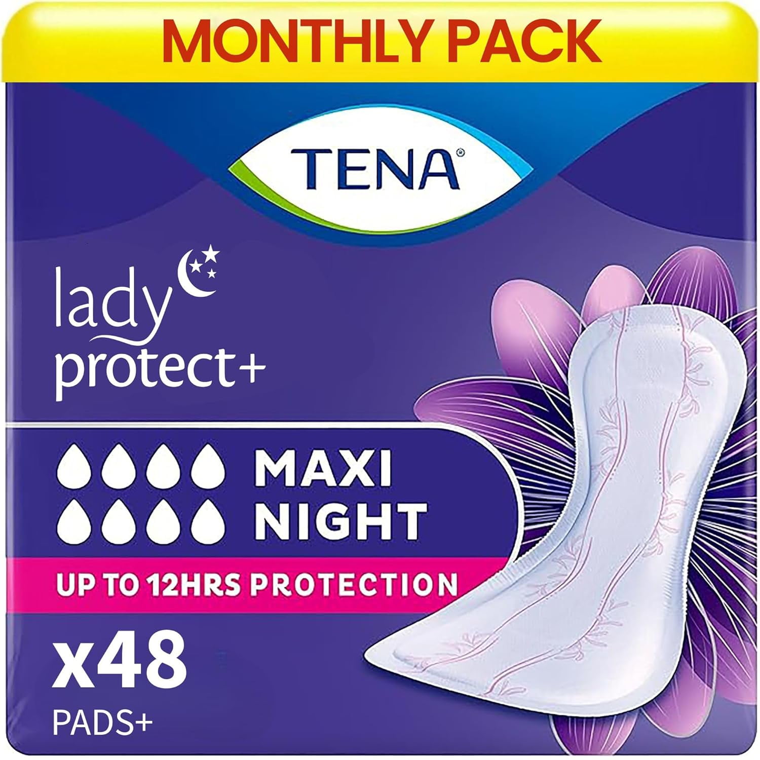 TENA Lady Maxi Night-time Bladder Control Pad for Heavy Unexpected Urine Leaks | 48 Pcs | Postpartum or Post-surgery Pad | Upto 12 hrs Dryness | 39.4 Cm Long | World s Leading Incontinence Brand