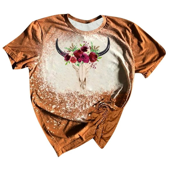 Summer Shirt for Women Casual Wild Soul Vintage Western Cow Skull Print Tshirts Tunic Crewneck Short Sleeve Bleached Tees