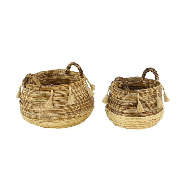 Decmode Large Round Natural Brown Beige Banana Leaf Storage Baskets W Wood Beads Tassels Set Of 2 18 13 Com Beige Banana Leaf Storage Baskets, Large Round Baskets For Storage