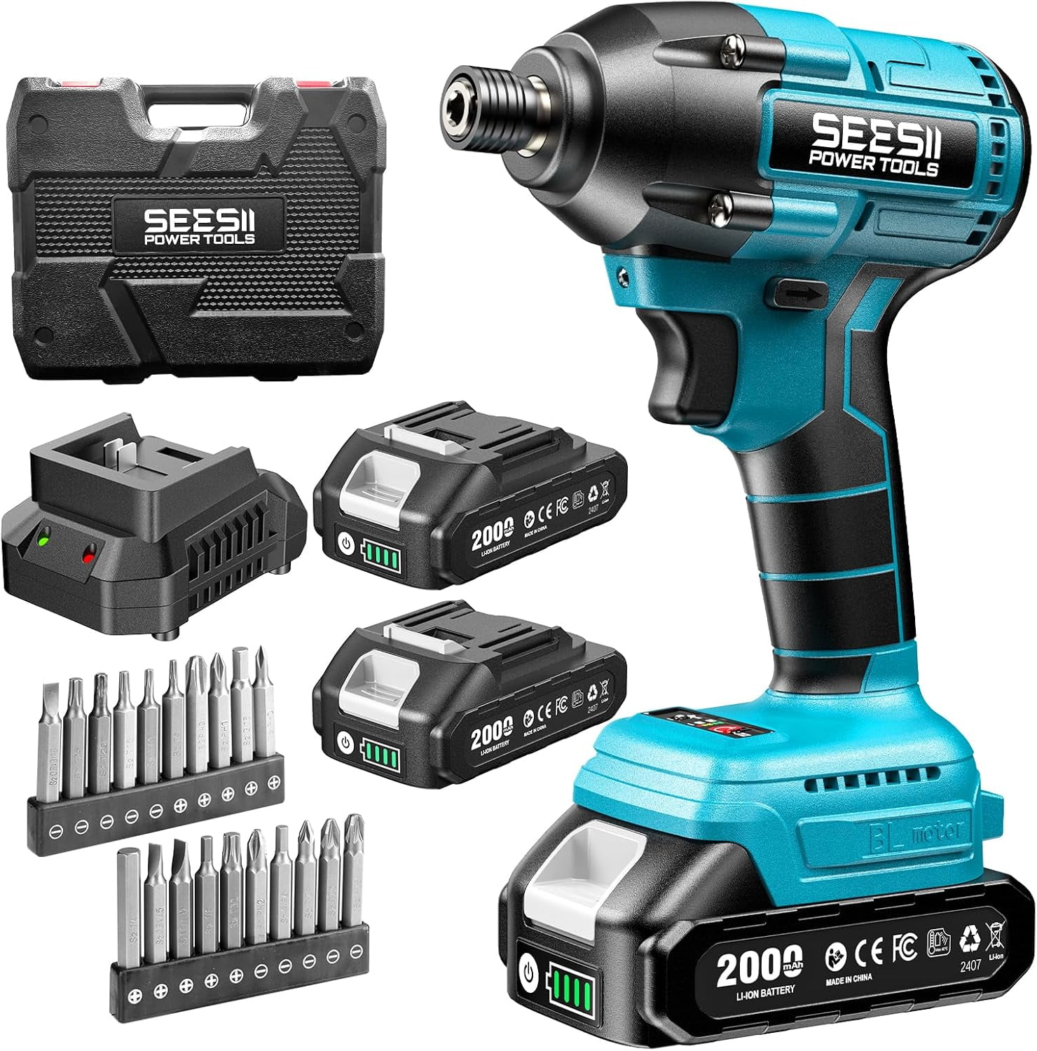SEESII Cordless Impact Driver Kit, 21V Max Torque 1590 In-lbs(180 N.m) Impact Driver Set with Two 2.0 Ah Batteries, 1/4" Hex Chuck Power Impact Driver w/ 20 Pcs Drill Bits, 0-2500 RPM Variable Speed
