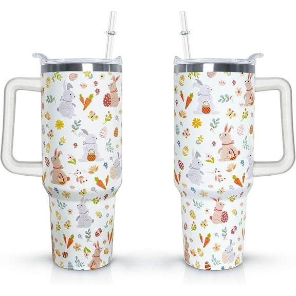 Easter 40 oz Tumbler with Handle and Straw Lid Gifts for Women Rabbit Lovers Stainless Steel Easter Travel Coffee Mug for Man Woman Easter Bunny Easter Egg