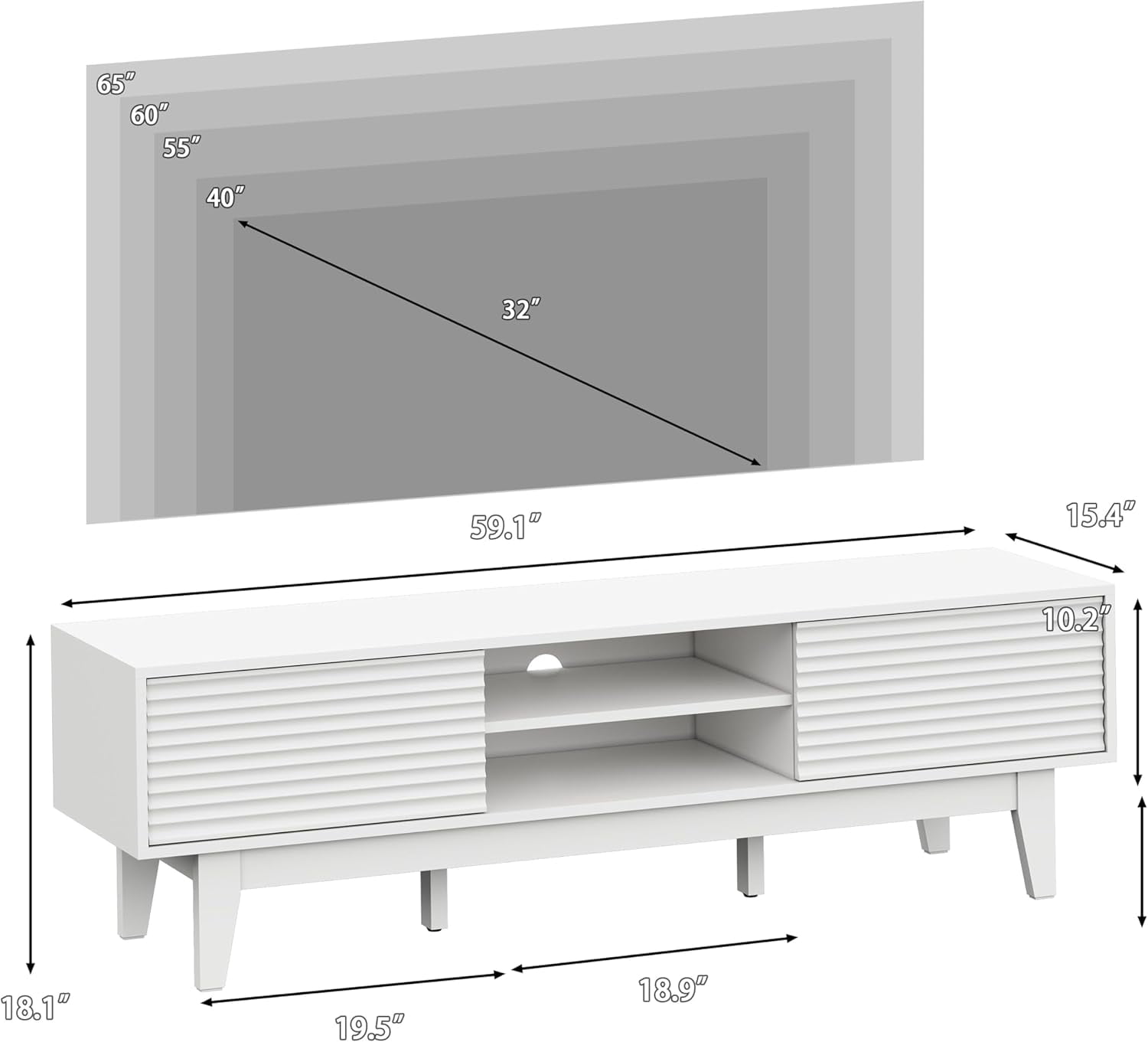 FANRAL Mid-Century Fluted TV Stand for 65 Inch TV,Modern Entertainment Center with Sliding Doors,Media Console with Adjustable Shelves & Cable Holes for Living Room,White TV Stand