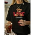 thumbnail image 1 of Camiseta para mujer verano SuaveWomen's Vintage-Inspired Black T-Shirt with "LOVE YOURSELF" Teddy Bear Print - Casual Round Neck, Short Sleeve, Polyester, Machine WashableFather's Day, Mother's Day,, 1 of 5