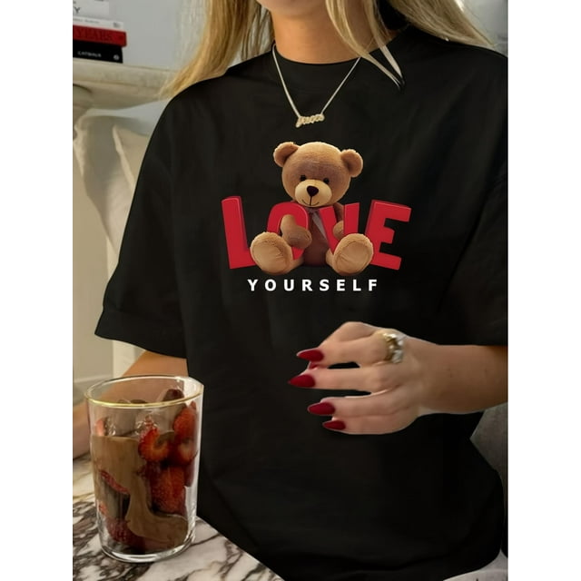 Camiseta para mujer verano SuaveWomen's Vintage-Inspired Black T-Shirt with "LOVE YOURSELF" Teddy Bear Print - Casual Round Neck, Short Sleeve, Polyester, Machine WashableFather's Day, Mother's Day,