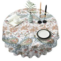 White Pioneer Flower and Paisley Pattern Round Tablecloth 60"x60",Wrinkle Wipeable Table Cloth for Kitchen Dining Room Picnic Patio Party