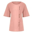 thumbnail image 4 of Cuoff Blouses for Women Fashion Casual Temperament Round Neck Vintage Cotton and Hemp Solid Button Short Sleeve T-Shirt Womens Tops Pink M, 4 of 5