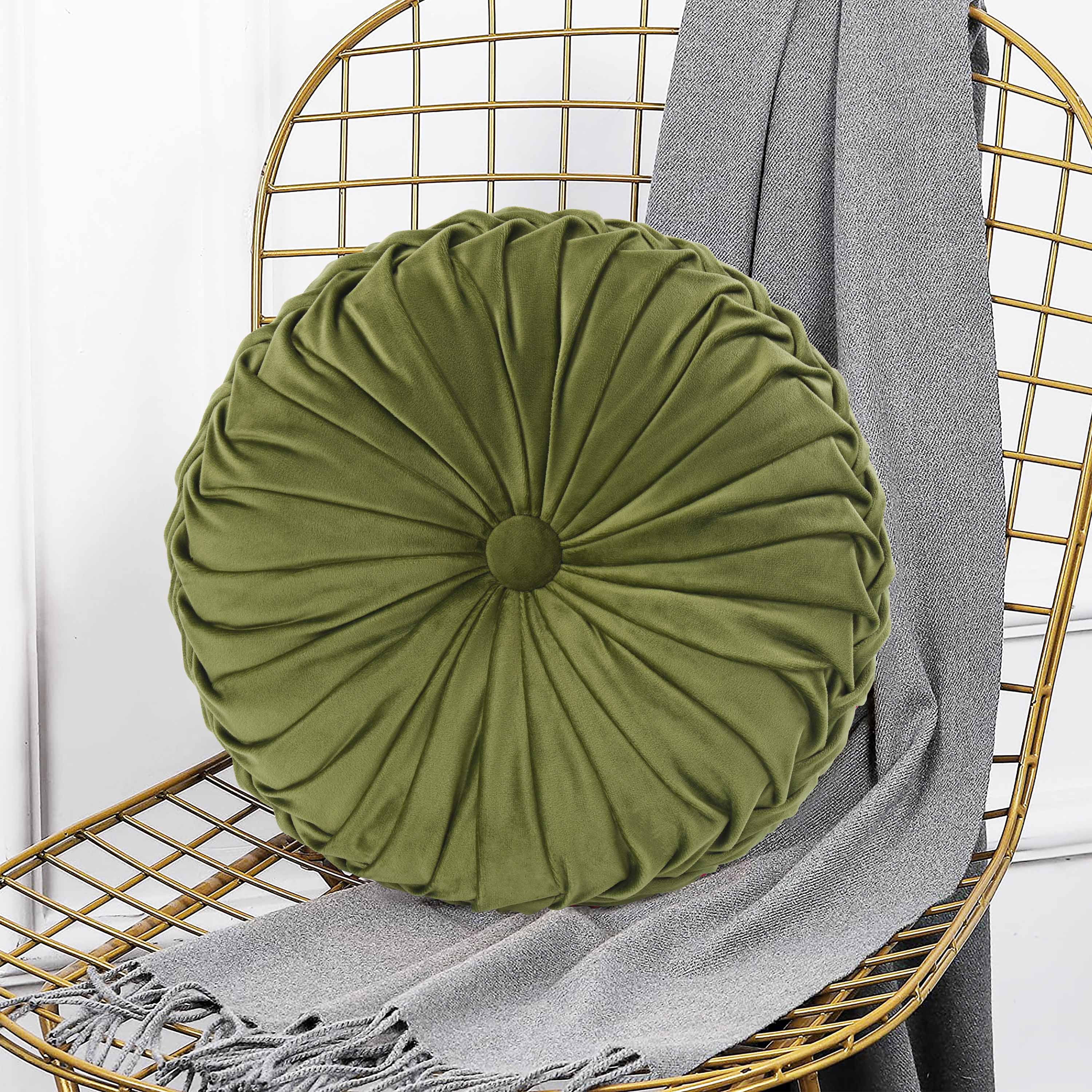 HIG Set of 2 Pumpkin Pleated Round Throw Pillows, Soft Velvet, Olive, 14.5" Diameter