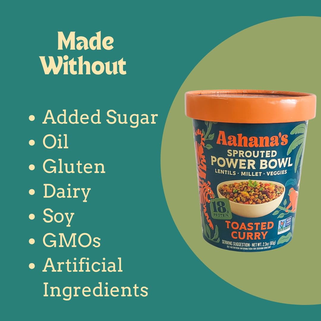 Aahana’s Toasted Curry Sprouted Power Bowl - Gluten-Free, Plant-Based Instant Meal with Sprouted Lentils - 18g Protein, 12g Fiber, Vegan, Non-GMO, Kosher - Just Add Hot Water (6 Pack)