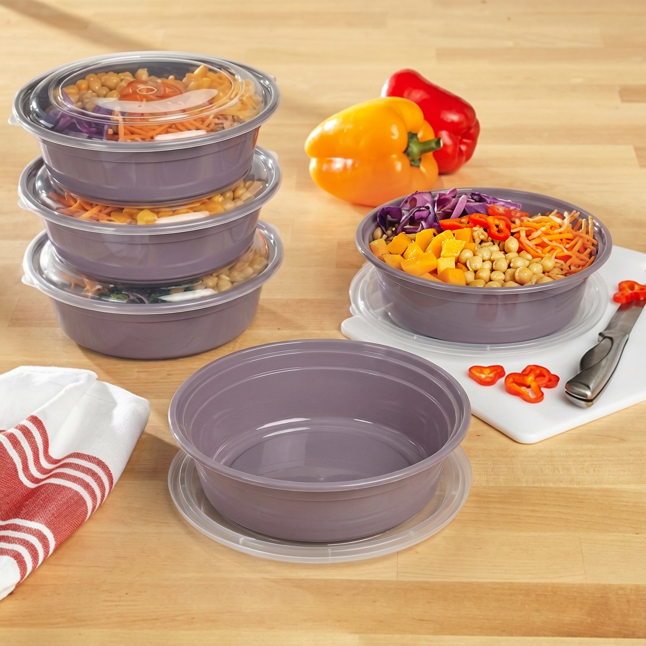 Mainstays 5-Pack Round BPA-Free Plastic Meal Prep Food Storage Containers, 1L, Lilac Bloom