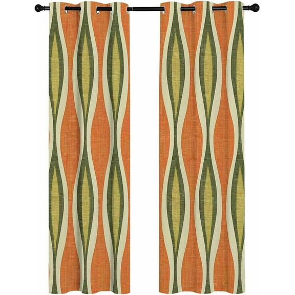 Orange Green Geometric Blackout Curtains For Bedroom/Living Room, Thermal Insulated Kitchen Curtains, Abstract Moire Contemporary Grommet Darkening Window Treatment Drapes 52"W x 90"L (Pack of 2)