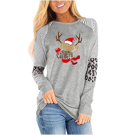 Christmas Long Sleeve Shirts for Women Merry Christmas Print T Shirt Xmas Leopard Tree T-shirt Holiday Graphic Tee Tops