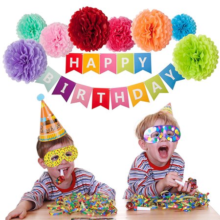 Kids Boys Girls Birthday Party Decoration Set Includes Happy Birthday Banner Paper Pom Pom Paper Cap & Star Banner