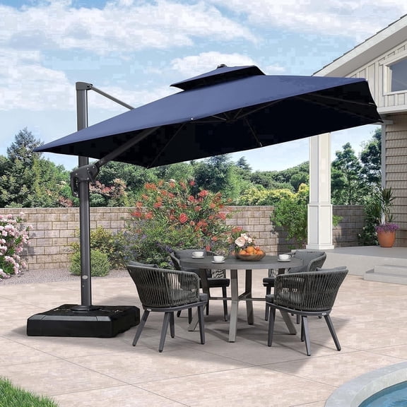 PURPLE LEAF Cantilever Umbrellas 10FT Outdoor Square Large Patio Umbrella Offset Umbrella with 360°Rotation Tilting And Hanging Double Top, Navy Blue