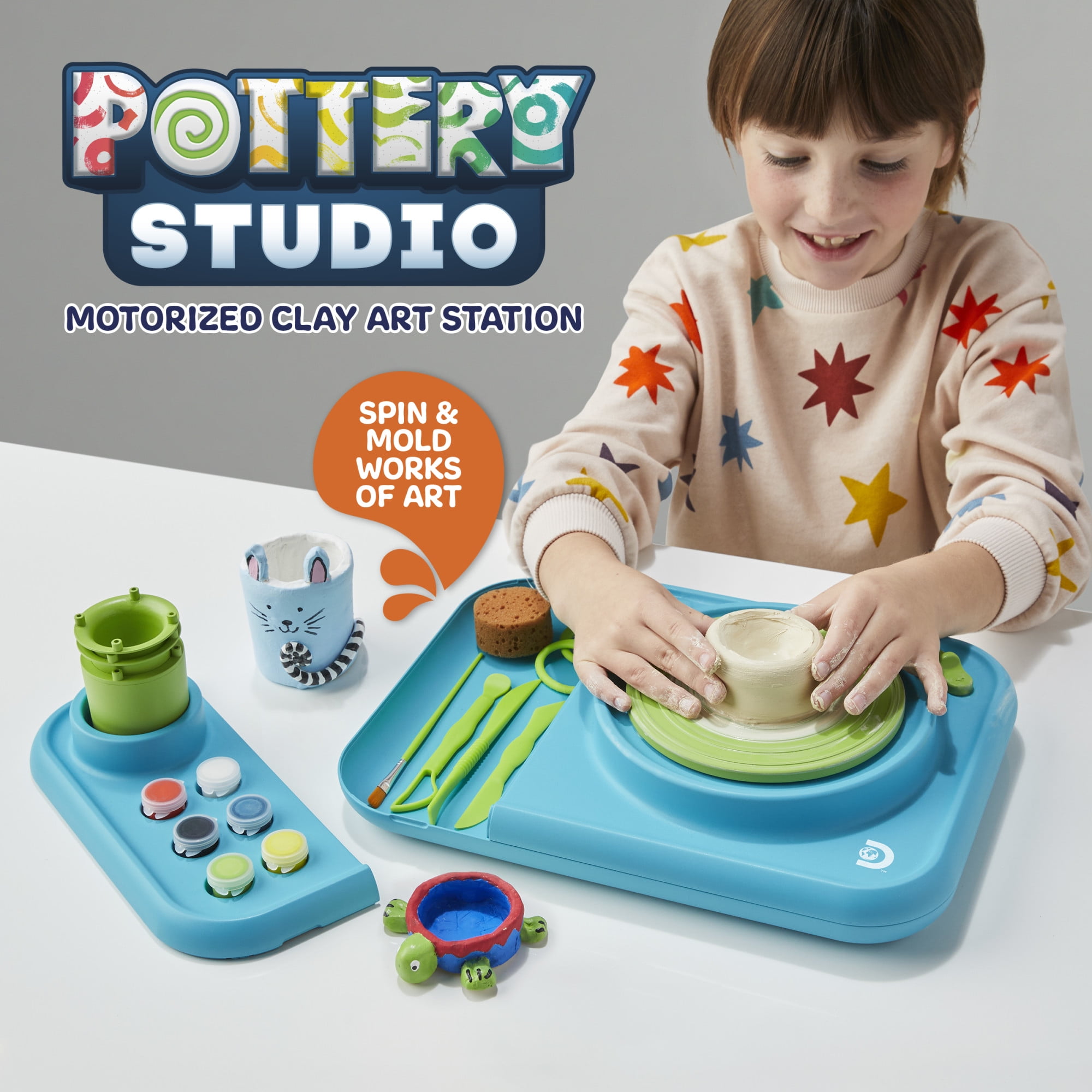 Discovery™ Pottery Studio Motorized Clay Art Station, Includes Wheel, 3 Molds, Tools, Paints, and Air-Dry Clay