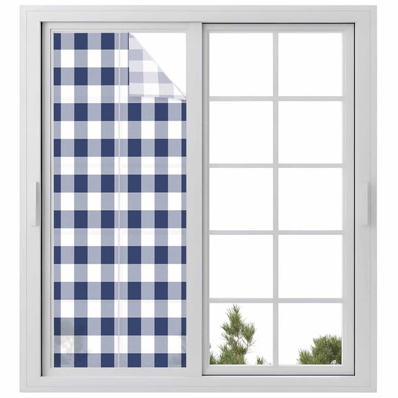 Navy Blue White Plaid Window Privacy Film, Farmhouse Checkered Buffalo Static Cling UV Sun Blocking Heat Control Window Tint Day and Night, Non-Adhesive One Way Windows Privacy Cover 23.6''x59''