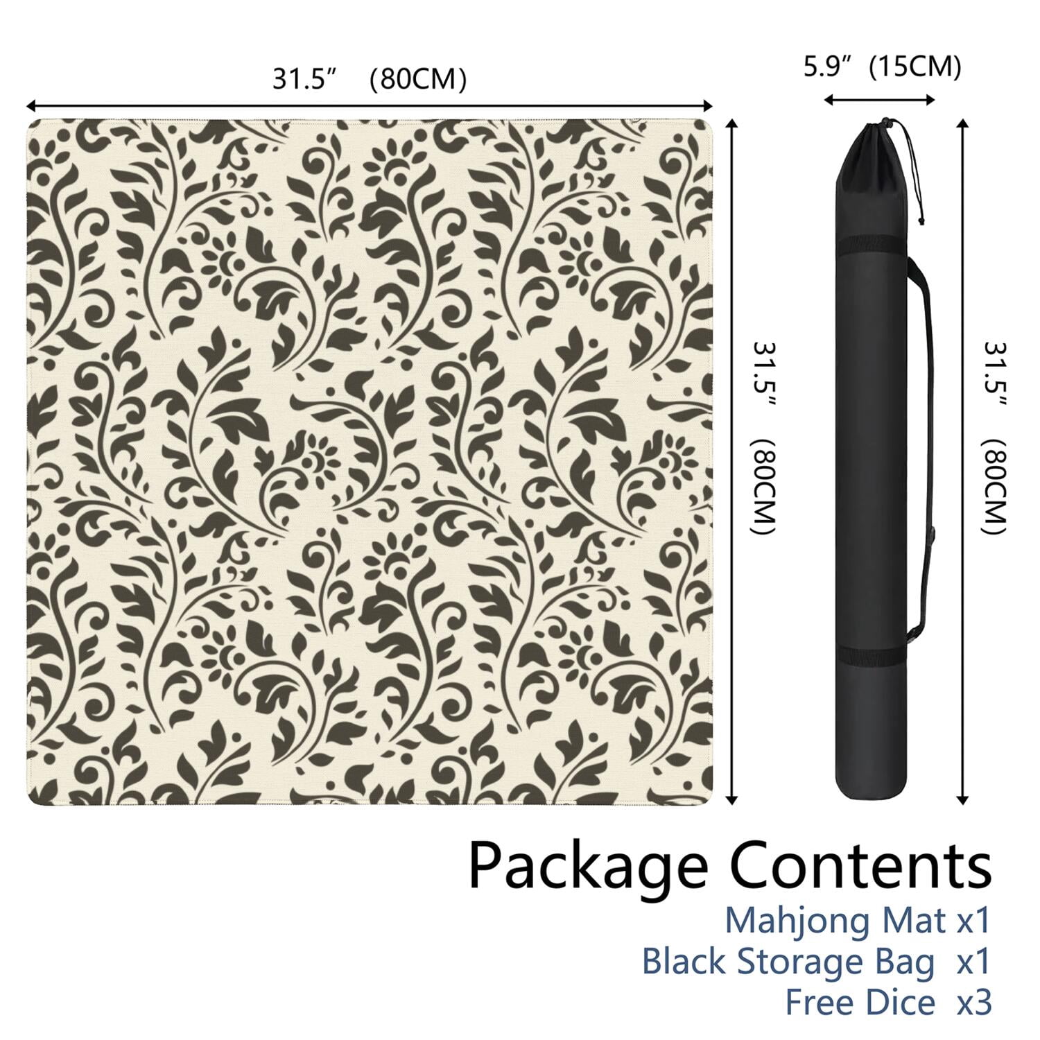 Floral Style Mahjong Game Mat 31.5 Inch Square Rubber Construction Offers Non-Slip Grip and Sound Control for Tiles