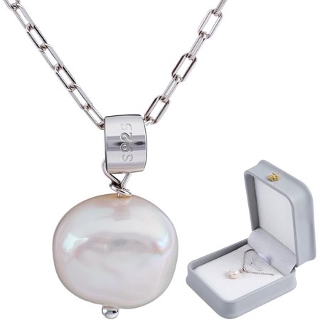 Natural Pearl Necklace forWomen Platinum Plated 925 Sterling Silver Paperclip Chains Pearl Pendant Necklace with S925 Stamp & Leather Gift Boxes