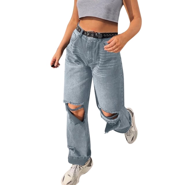 Bmisegm Jeans pour Femmes Taille Haute Jeans Pantalon Droit Ample Rétro Trou Jeans Pantalon Y2K Jeans pour Femmes Bleu m
