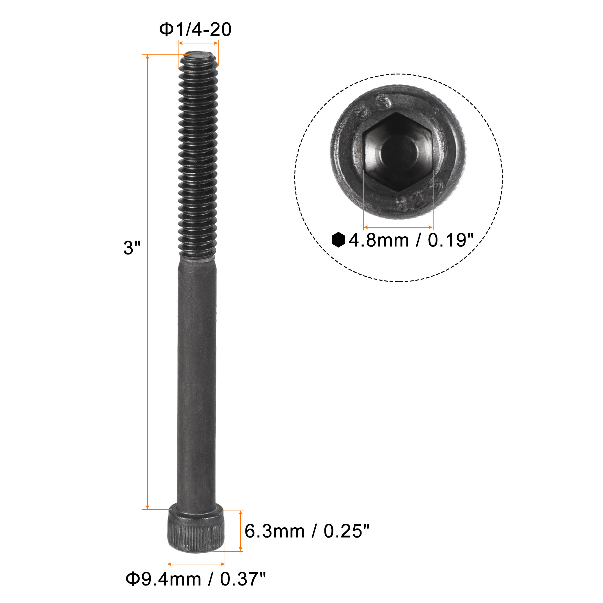1/4-20x3" Hex Socket Bolts 12.9 Grade Alloy Steel Black Oxide 25 Pack - image 2 of 5