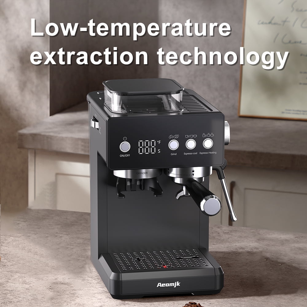 AEOMJK Grinding All-in-One Semi-Automatic Coffee Machine, Temperature Display, Time Display, Froth Milk with Steam Stick, Easy Operation Espresso Machine, Can Make Espresso, Latte, Cappuccino