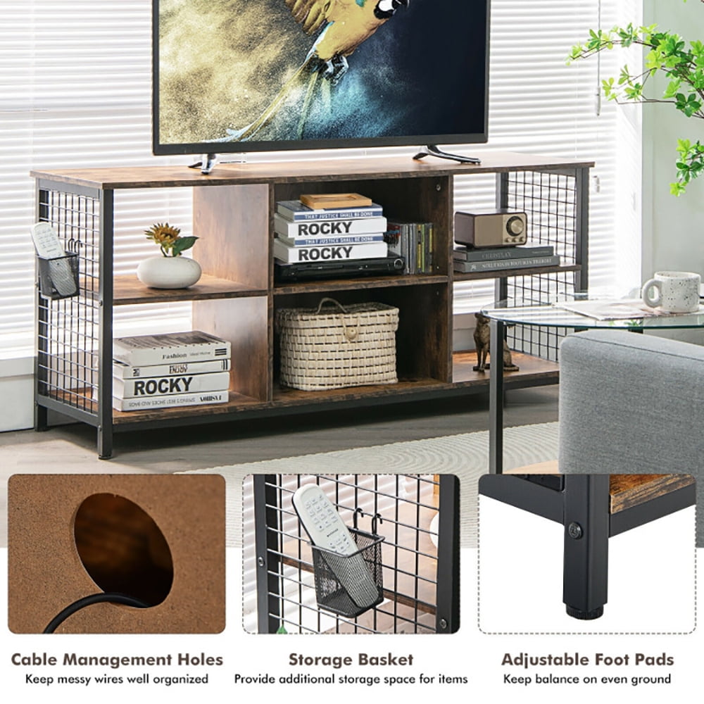 Finihen TV Stand, TV Cabinet, Mid-Century Wooden TV Stand with Storage Basket for TVs up to 65 Inch, for Living Room, Bedroom, Rustic Brown