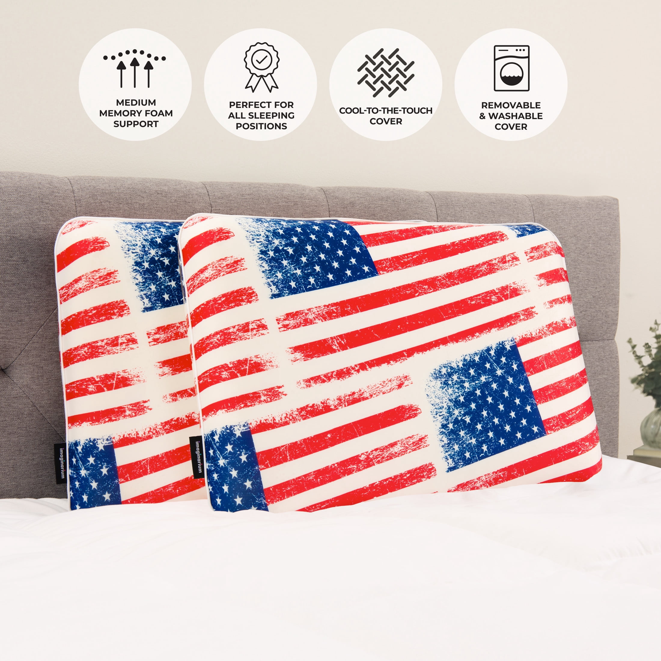 Imaginarium US Flag Memory Foam Fun Pillow with Cool-to-the-Touch Cover, Standard/Queen