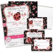 Baby Shower Invites for Girls – Red Baby Shower Invitation Bundle with Diaper Raffle Tickets, Book Request Cards & Envelopes. Set of 20 5X7 Lady Bug Theme Invitation Kit Sets