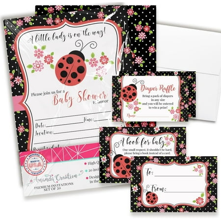 Baby Shower Invites for Girls – Red Baby Shower Invitation Bundle with Diaper Raffle Tickets, Book Request Cards & Envelopes. Set of 20 5X7 Lady Bug Theme Invitation Kit Sets