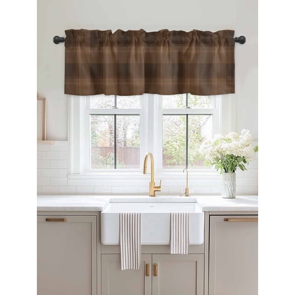Window Valance Minimalist Brown Plaid Tartan Kitchen Curtains Short Rod Pocket Valances Farmhouse Tartan Checkered Window Treatment Drapes for Living Room Bedroom Bathroom Decor,54x18in