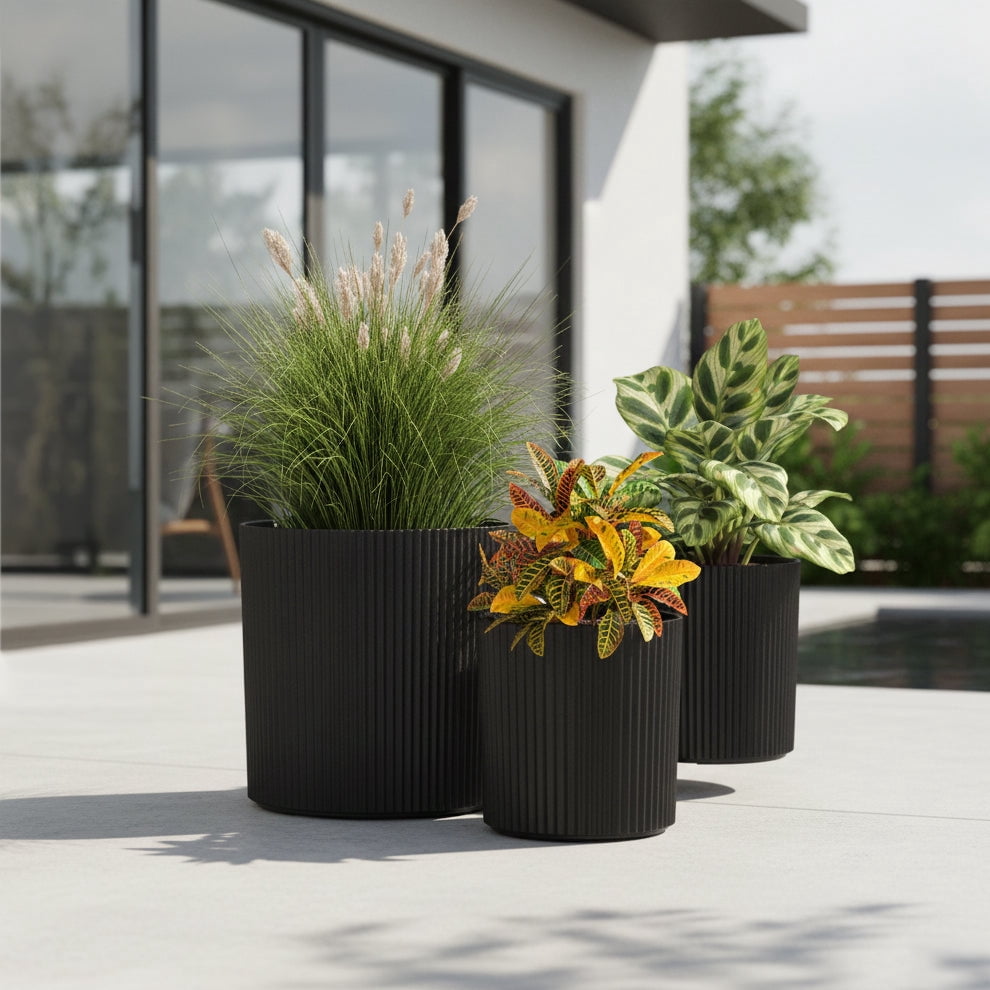 Serene 14in, 12in, and 10in Round Black Plastic Plant Planters with Drainage Holes, 3-Pack