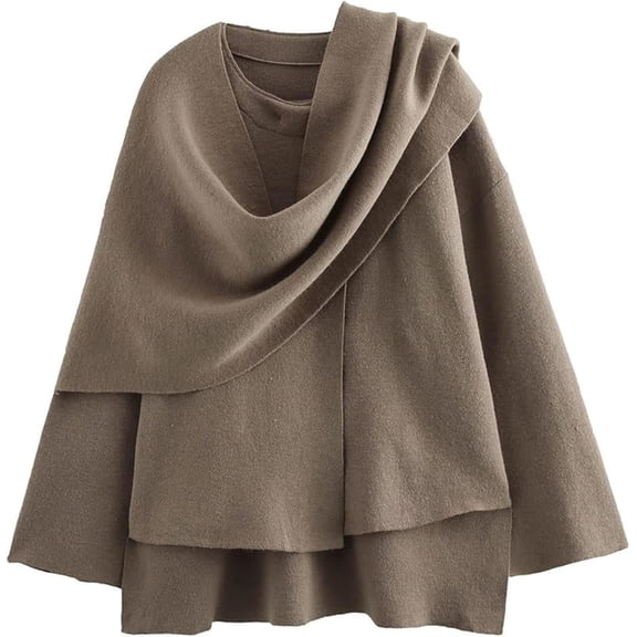 Women's Crop Knit Scarf Coat High Low Long Sleeves Knit Cardigan with Undetachable Scarf Cozy Fall Winter Outerwear for Office & Casual