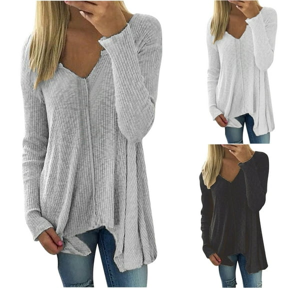 LOVZFMLL Sweaters for Women V-Neck Ribbed Pullover Solid Color Casual Basic Everyday Loose Long Sleeve Tops Warm Fall Winter Clothes