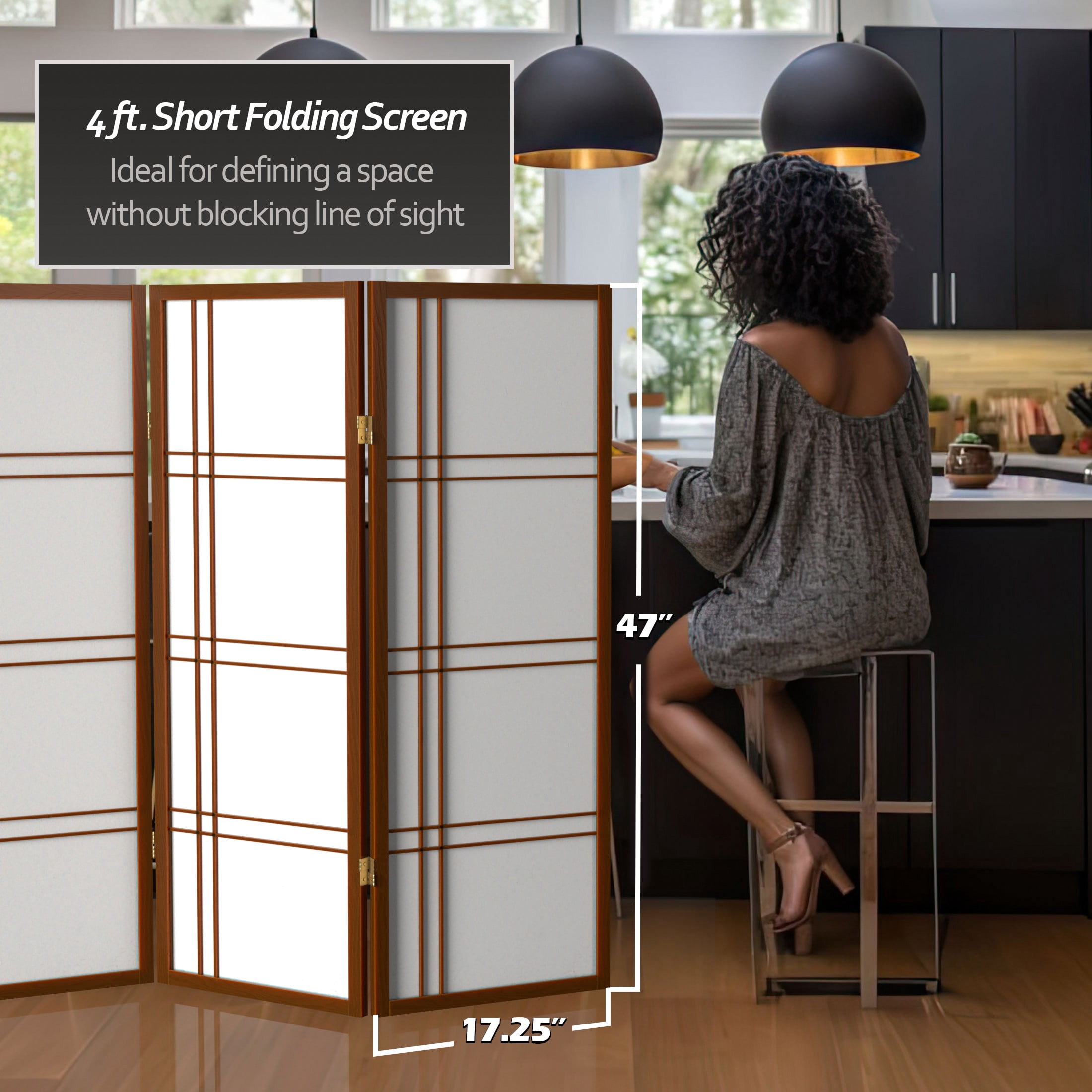 4 ft. Tall Japanese Design Double Cross Lattice Screen - Walnut - 3 Panels