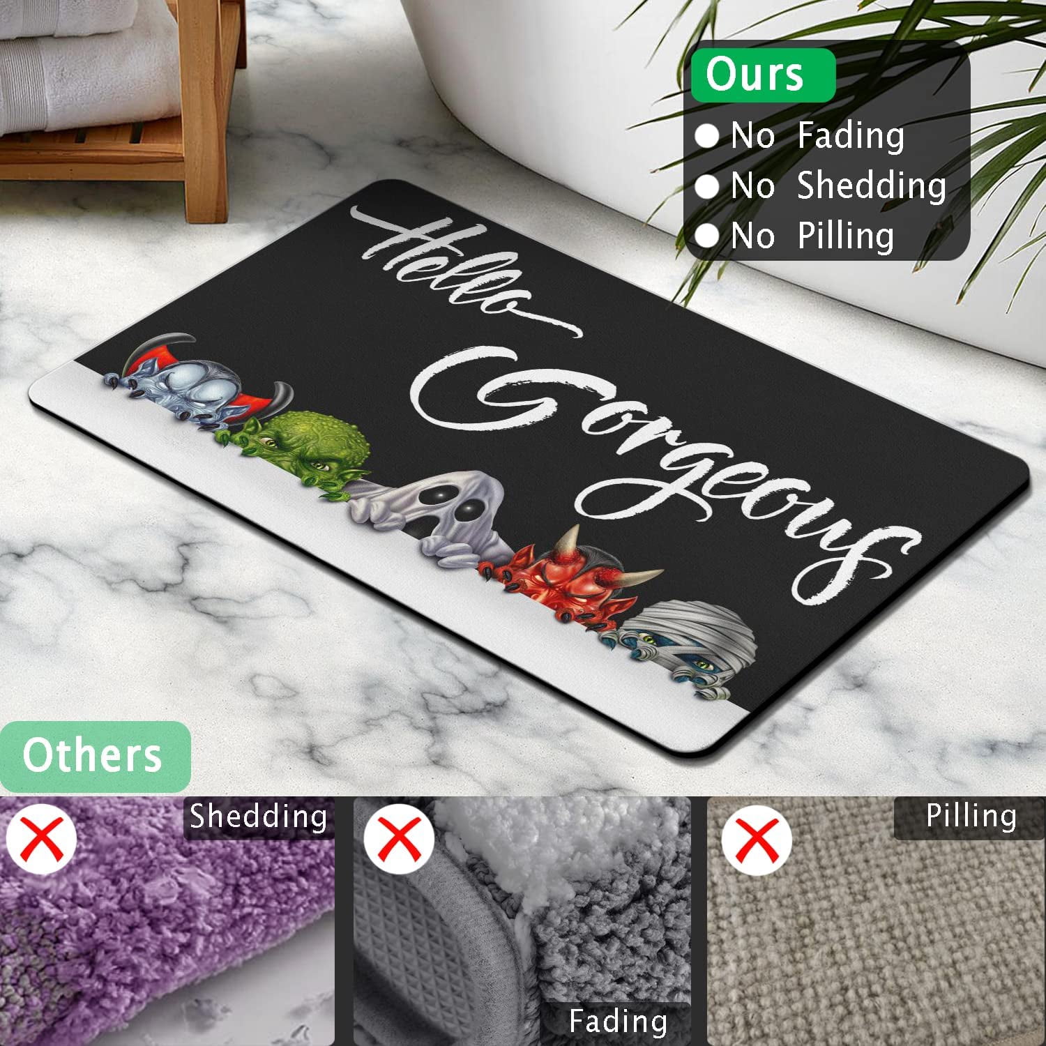 Funny Monsters Bath Mat 20"x32" Non Slip Quick Dry Super Water Absorbent Bathroom Floor Mat Black and White Thin Bathroom Rug Fit Under Door