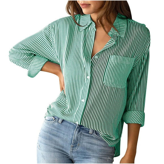 Odeerbi Womens Tops Long Sleeve Shirts Blouses 2025 Casual Fashion Long Sleeve Turndown Collar Button Print T-shirt Green