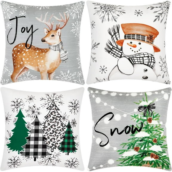 Christmas Pillow Covers 18 x 18 Inch, Set of 4 Snowman Reindeer Throw Pillow Covers, Winter Holiday Snowflake Xmas Tree Joy Christmas Decorative Soft Cushion Cases for Sofa Couch