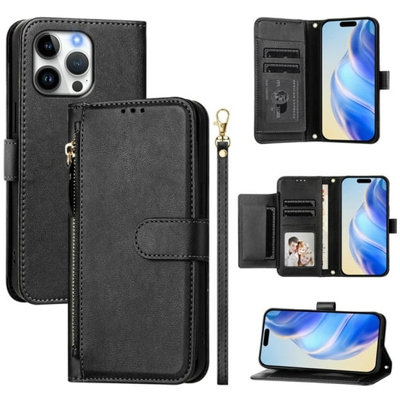 For iPhone 16 Pro Max 6.9-inch Wallet Case for Women Men Multi-Card Slots Zipper Wallet Leather Phone Case,Black,For iPhone 16 Pro Max